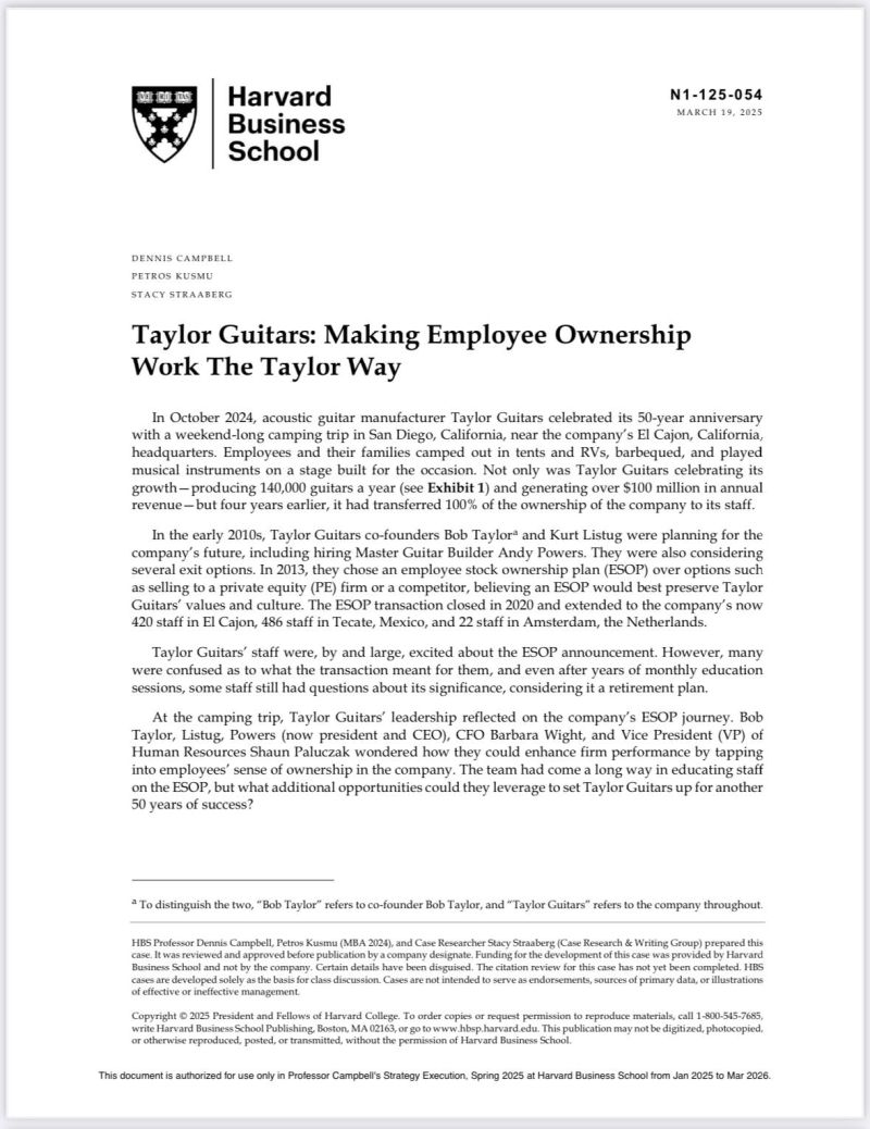 Screen shot of page 1 of HBR case study on employee ownership of Taylor Guitars