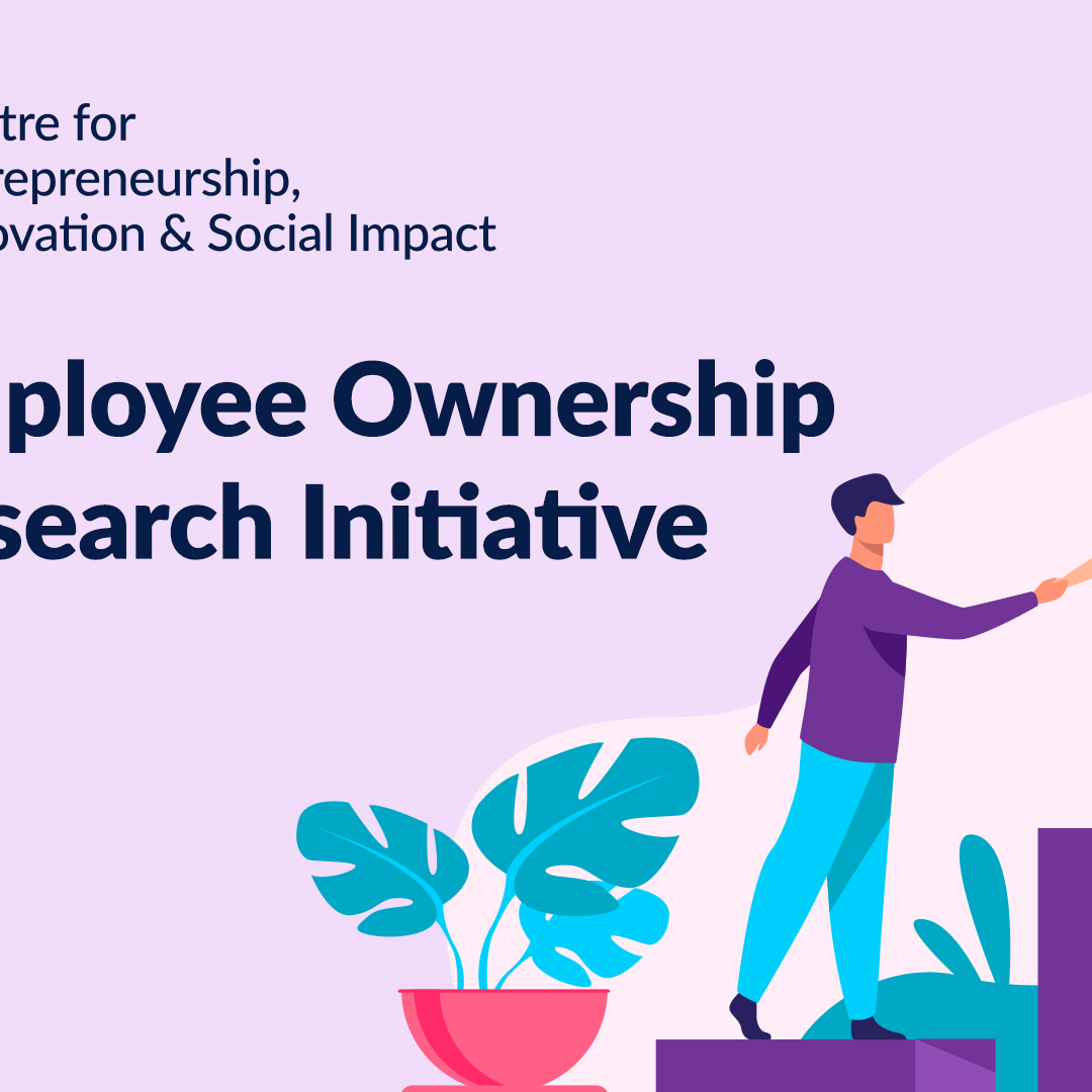 Illustration with a man helping a woman climb onto a platform, next to the text Employee Ownership Research Initiative and Centre for Entrepreneurship, Innovation & Social Impact, highlighting Rate Drop Rebate in London Ontario.
