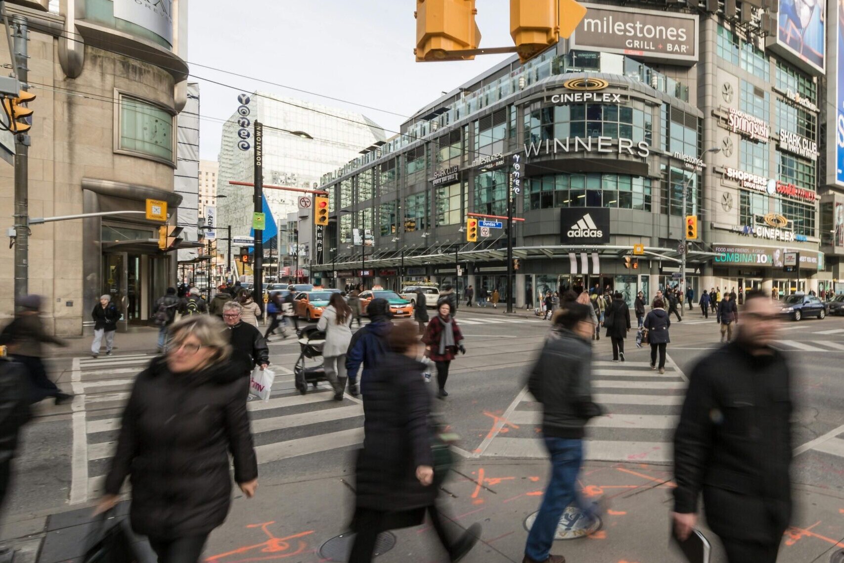 Busy downtown Canadian street corner