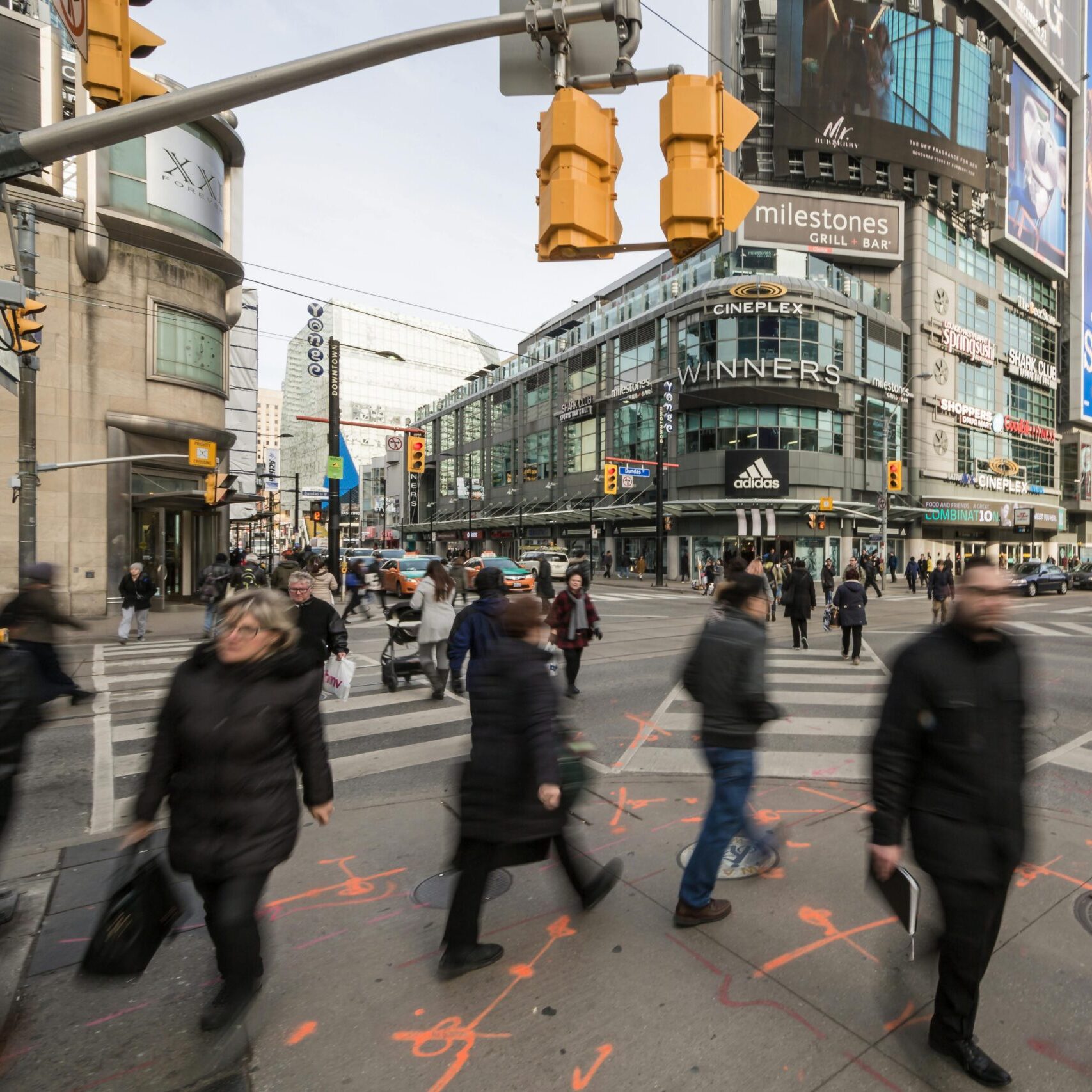 Busy downtown Canadian street corner