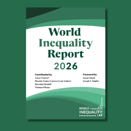 Cover of the World Inequality Report 2026 by the World Inequality Lab, featuring green wave graphics, coordinator names, foreword authors, and the lab&rsquo;s logo in the bottom right corner&mdash;plus a section on employee ownership trusts FAQs.