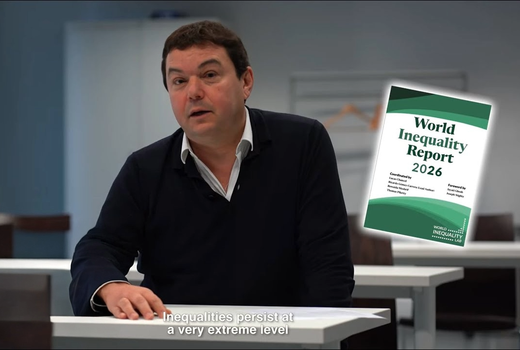 A man sits at a desk speaking, with the subtitle Inequalities persist at a very extreme level. Above him is an illustrated cover of the World Inequality Report 2026. Employee ownership trusts FAQs are highlighted in a modern, bright office setting.